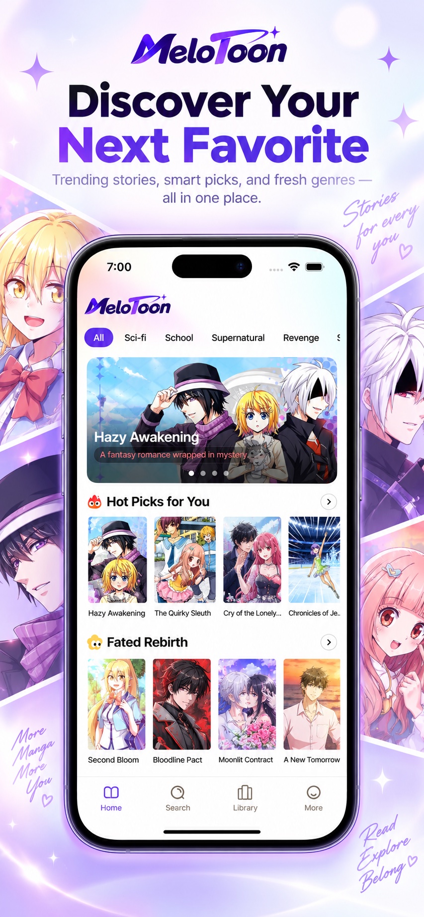 MeloToon discovery screen with story recommendations